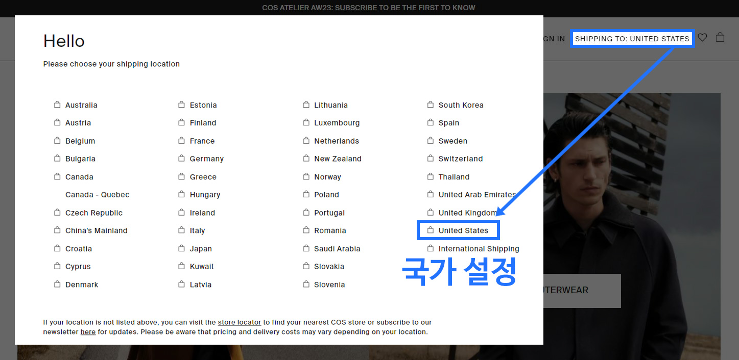 미국 코스 공홈 국가 설정