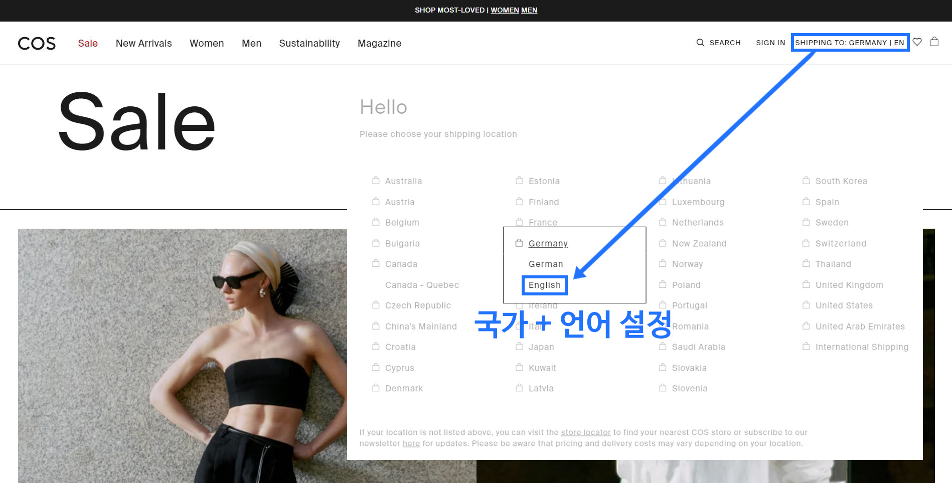 독일 코스 공홈 국가 및 언어 설정
